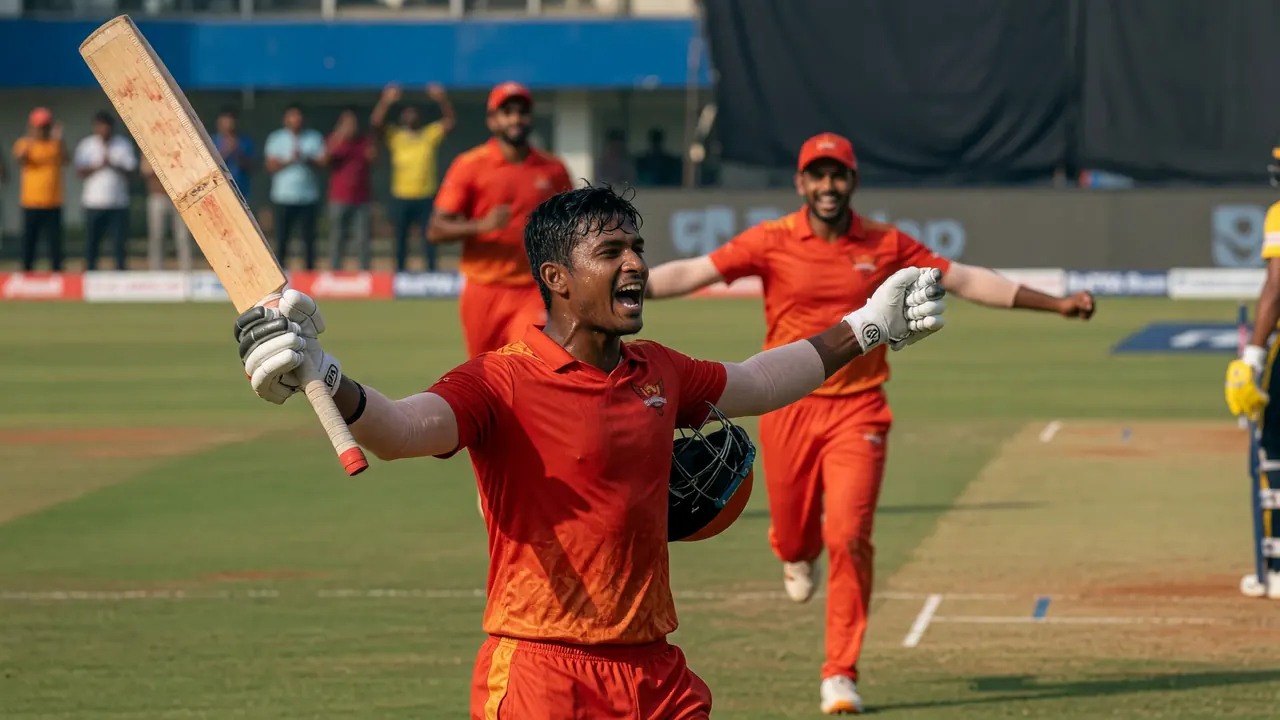 Batter in orange kit completing a front-foot drive during a T20 chase under stadium lights