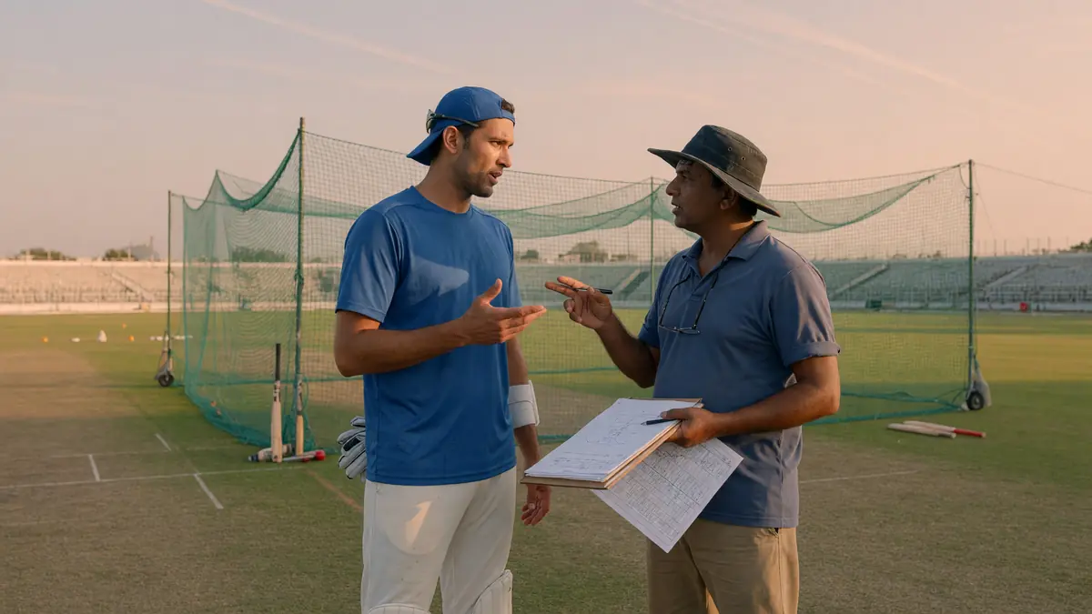 Captain in blue kit talking with a coach holding a clipboard beside empty practice nets