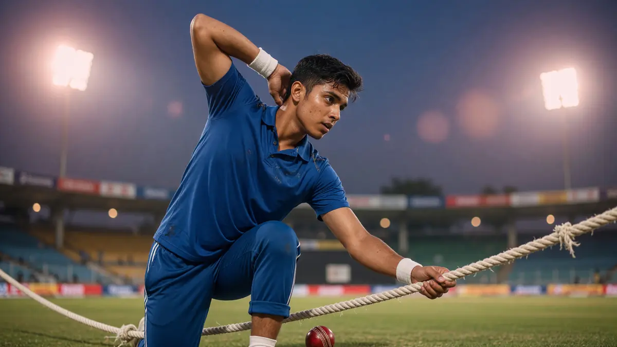 Young fast bowler in blue training kit stretching on the boundary before a night match