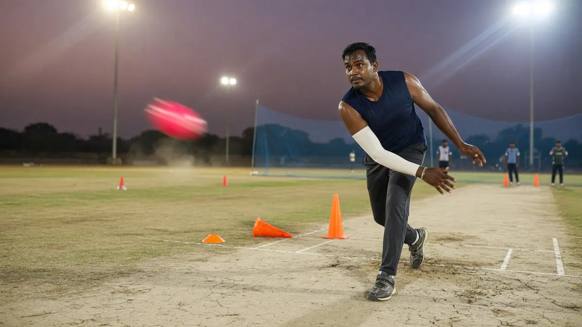 Wrist-spin bowler releasing the ball during evening net practice under floodlights