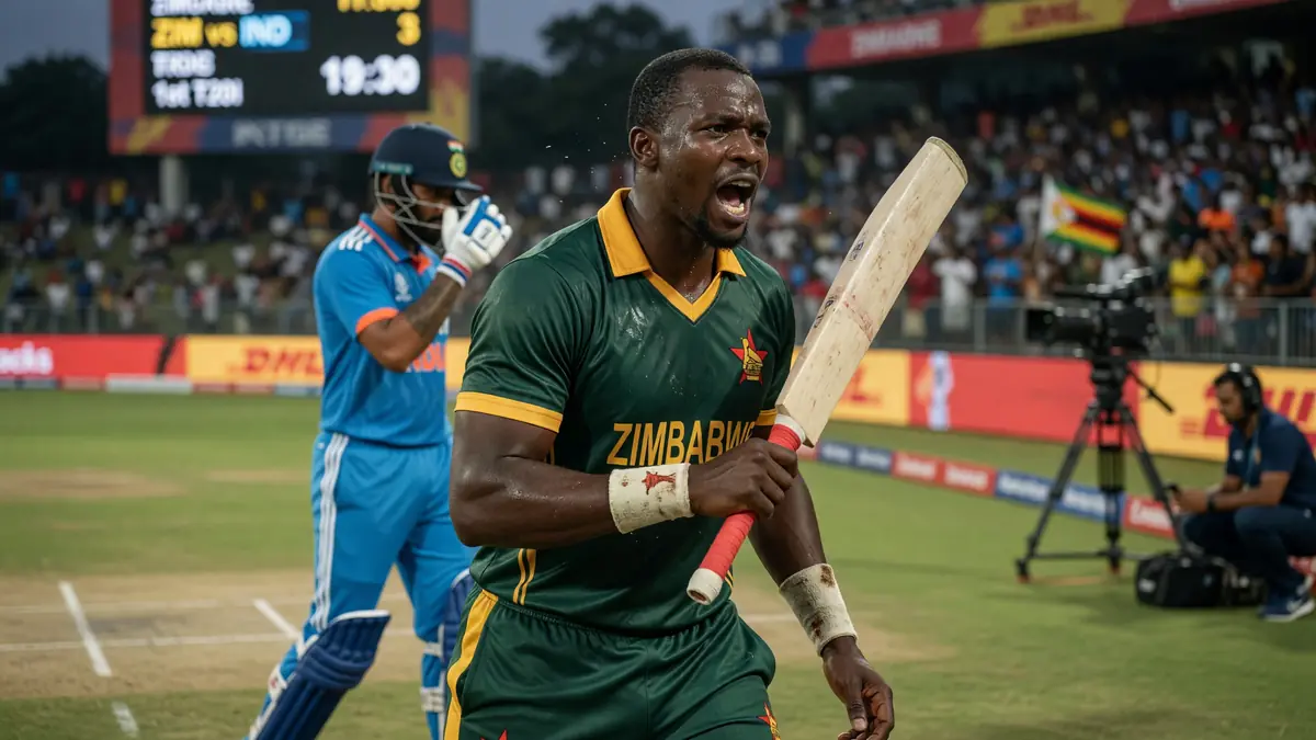 Cricket batter in blue kit playing a forceful shot during a day-night international under stadium lights