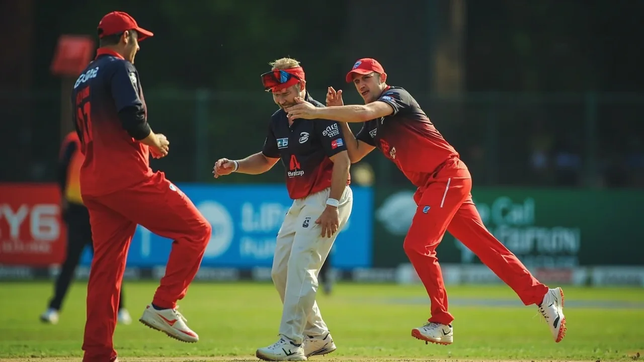 Medium view across a cricket pitch showing the captain at mid-on, slip cordon and a batsman taking strike under late afternoon lighting