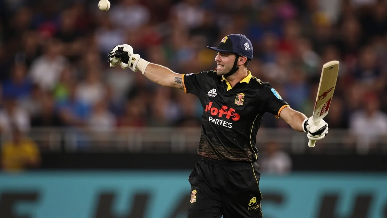 Cricket batter preparing to face a fast bowler under stadium lights